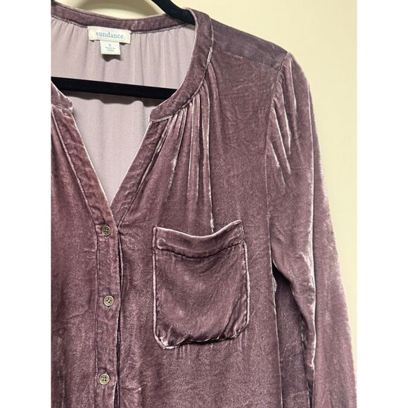 SUNDANCE Velvet Silk Blend V-Neck Button Up Blouse, Purple, Sz S - Picture 3 of 8